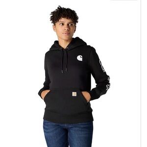 Carhartt Women’s Black Hoodie with White Logo and Sleeve Script